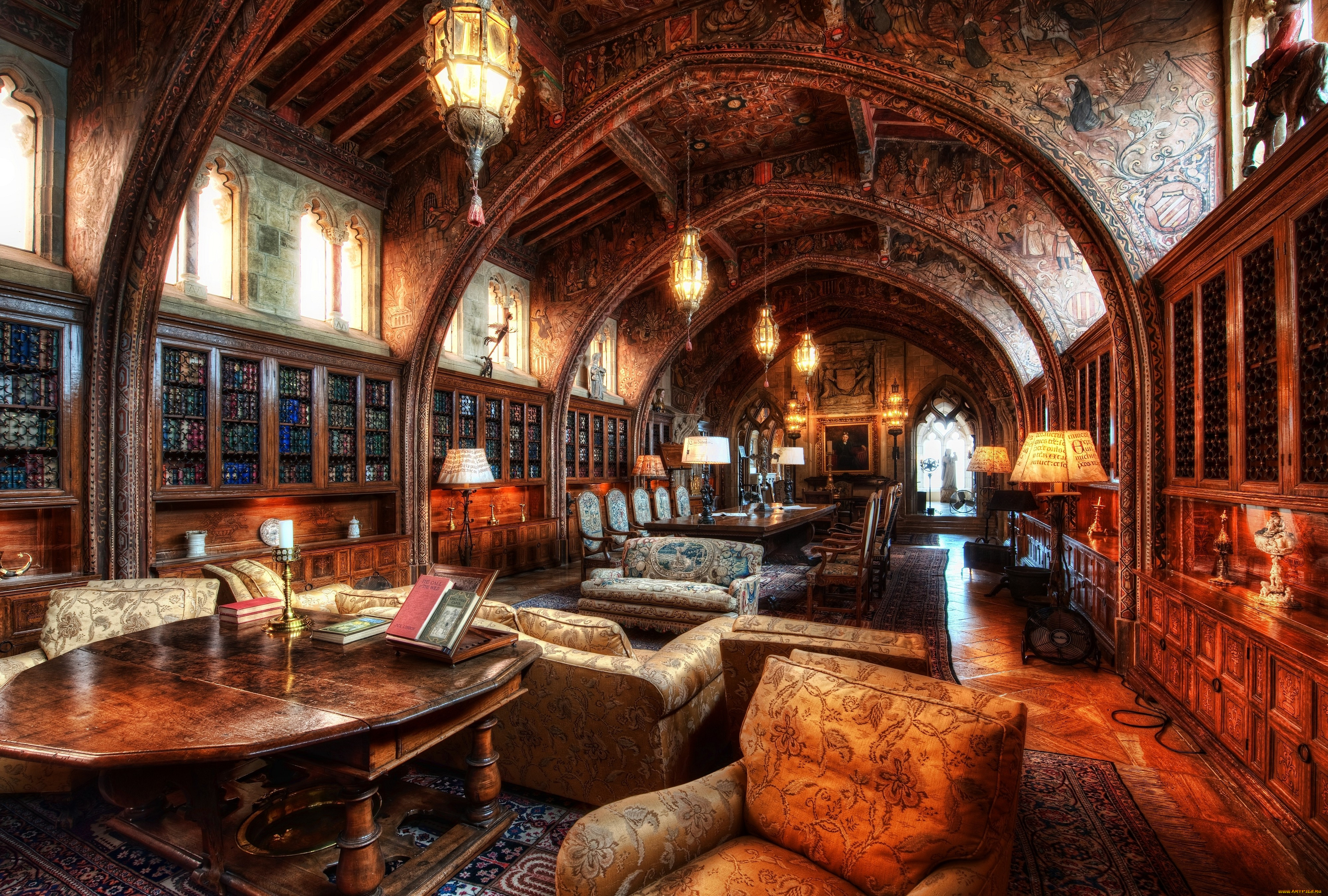 Интерьер литературных произведений. Библиотека Hearst Castle. Хогвартс гостиная Гриффиндора.